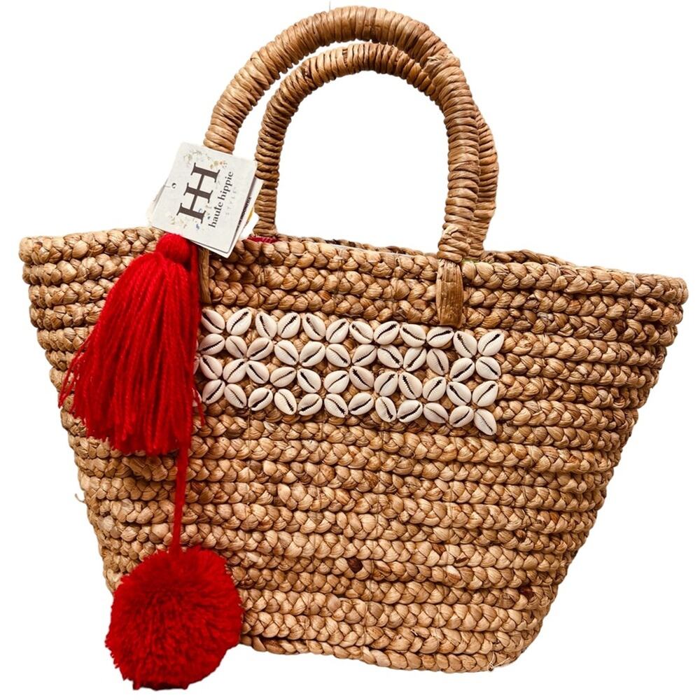 Haute Hippie Straw Seashell Basket Bag Red Tassel Floral Flamingo Interior NWT